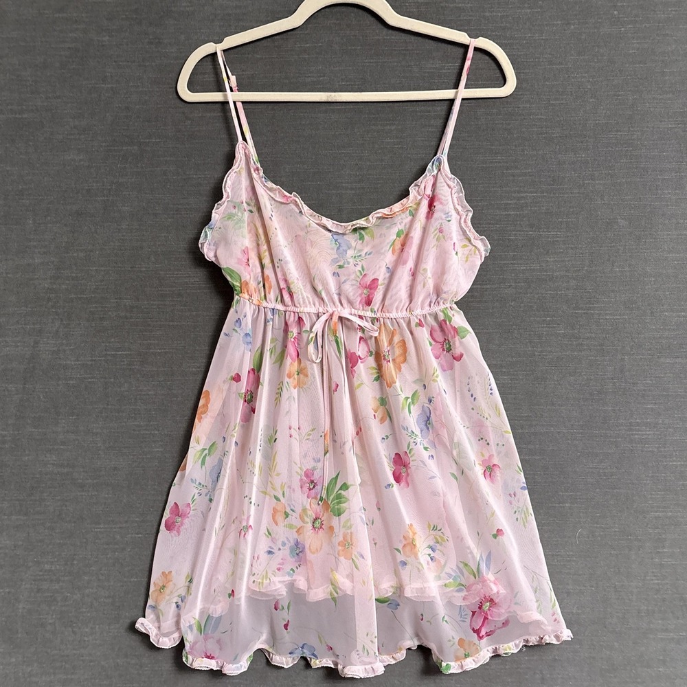 Vintage Victorias Secret Nightgown L Pink Floral Babydoll Chemise Sheer Lace Y2K